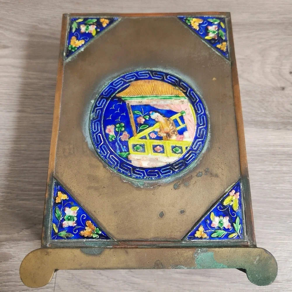 Antique Chinese Cloisonne Enamel Brass Brush Pot‎ Vase Figure Scene Butterfly
